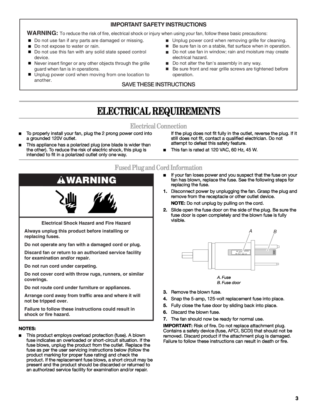 Whirlpool WF4235ER1 manual Electrical Requirements, Electrical Connection, Fused Plug and Cord Information 