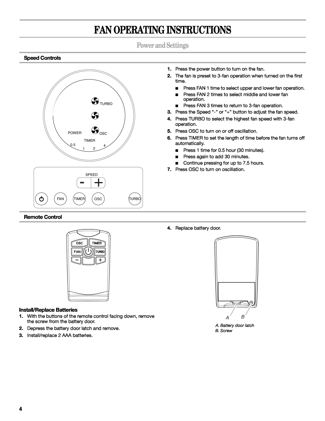 Whirlpool WF4235ER1 manual Fan Operating Instructions, Power and Settings, Speed Controls, Remote Control 