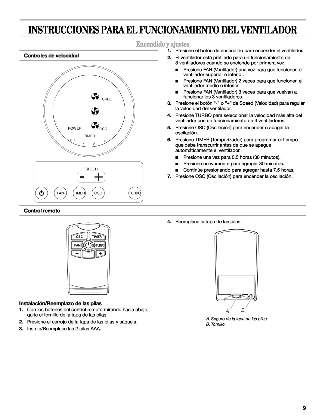 Whirlpool WF4235ER1 manual Encendido y ajustes, Controles de velocidad, Control remoto, Instalación/Reemplazo de las pilas 