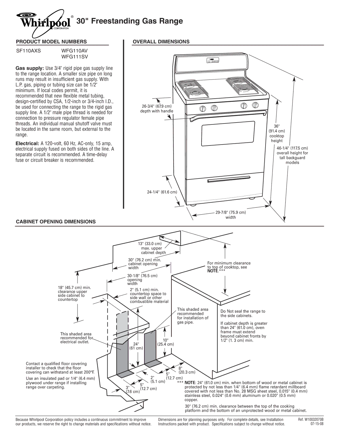 Whirlpool dimensions Freestanding Gas Range, Product Model Numbers, SF110AXS WFG110AV WFG111SV 