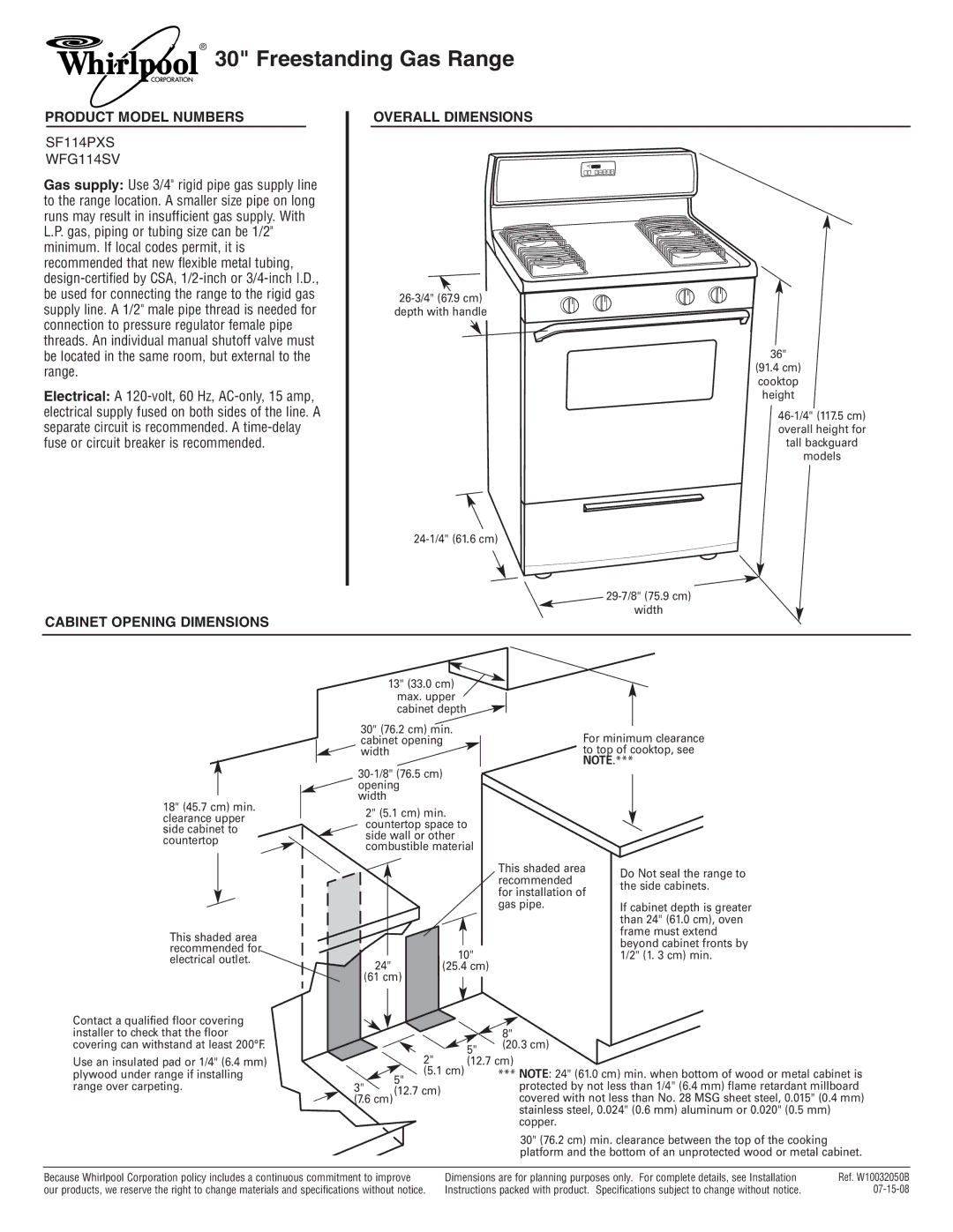 Whirlpool dimensions Freestanding Gas Range, Product Model Numbers, SF114PXS WFG114SV 