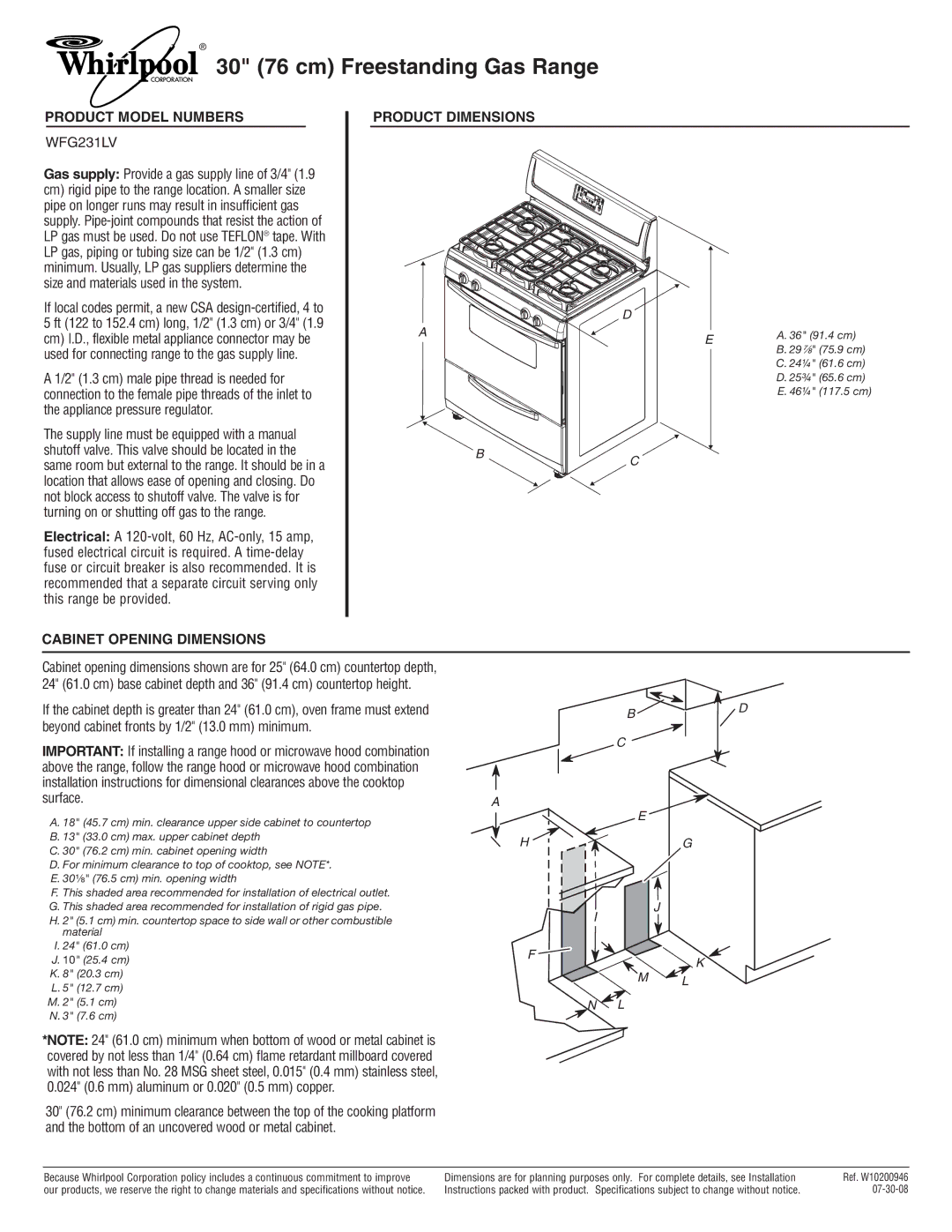 Whirlpool WFG231LV dimensions 30 76 cm Freestanding Gas Range, Product Model Numbers 