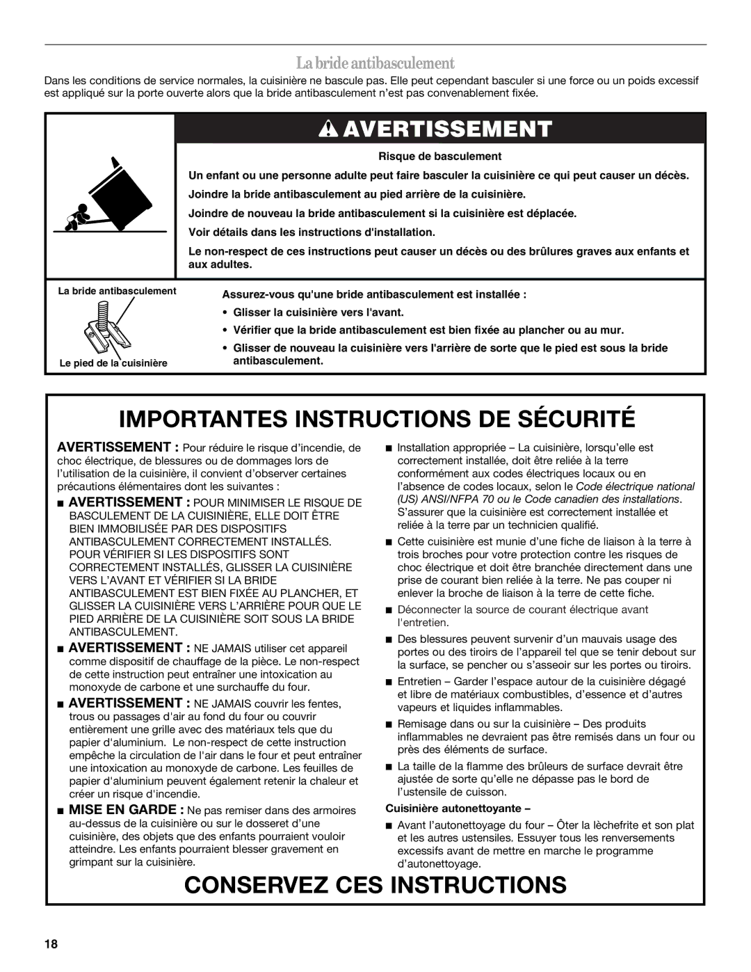 Whirlpool WFG231LVS, WFG231LVB, WFG231LVQ manual Labrideantibasculement, Cuisinière autonettoyante 