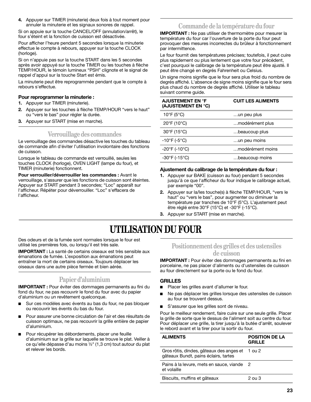 Whirlpool WFG231LVQ manual Utilisation DU Four, Verrouillagedes commandes, Commandedelatempératuredufour, Papierd’aluminium 