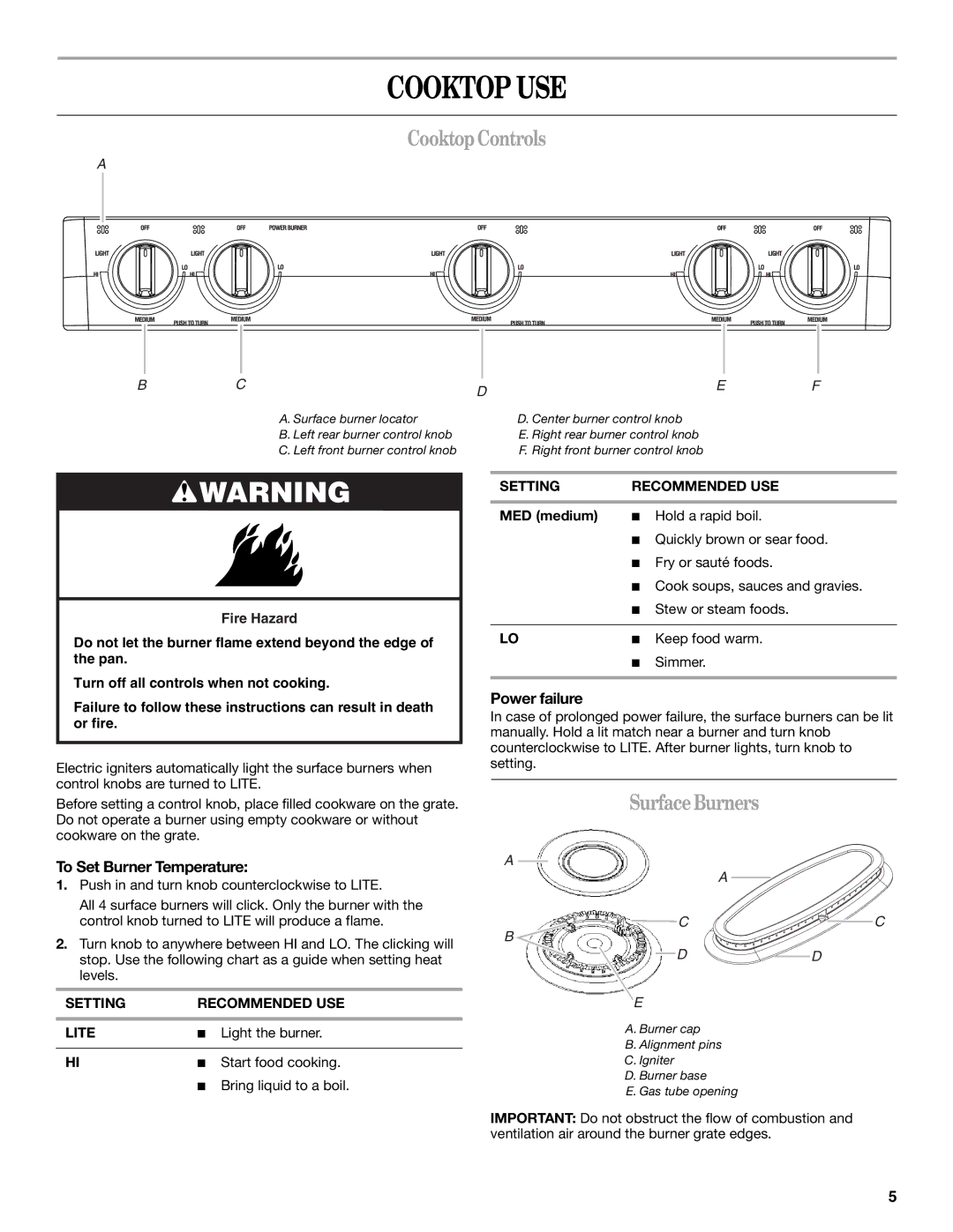 Whirlpool WFG231LVQ, WFG231LVS manual Cooktop USE, CooktopControls, SurfaceBurners, To Set Burner Temperature, Power failure 