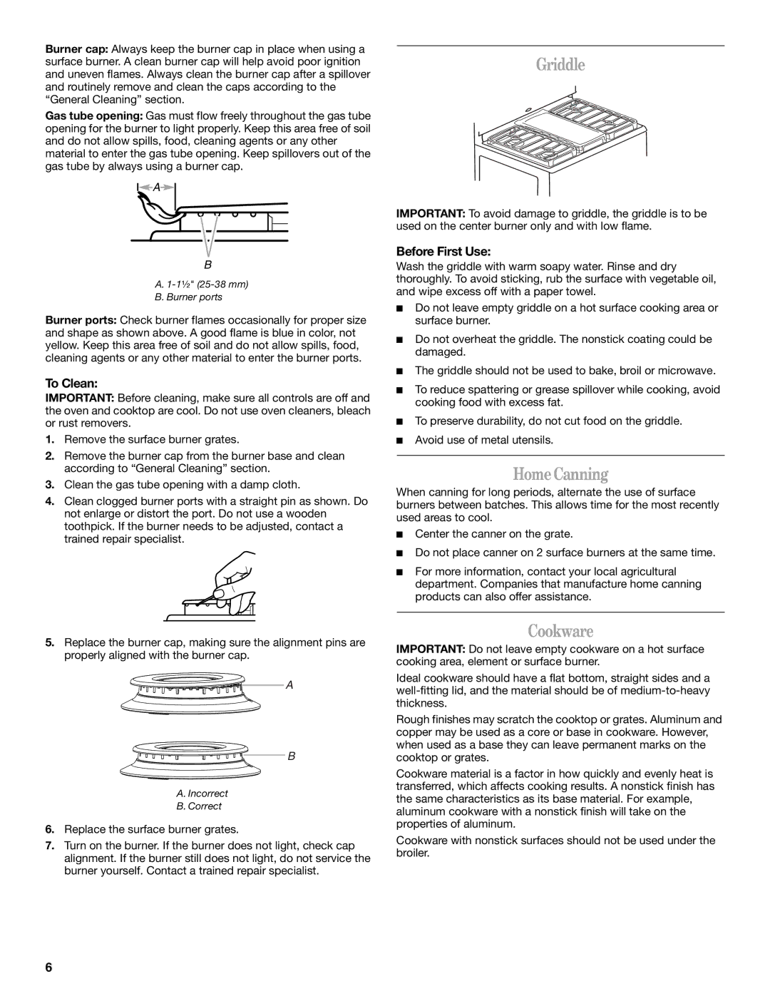 Whirlpool WFG231LVS, WFG231LVB, WFG231LVQ manual Griddle, HomeCanning, Cookware, To Clean, Before First Use 