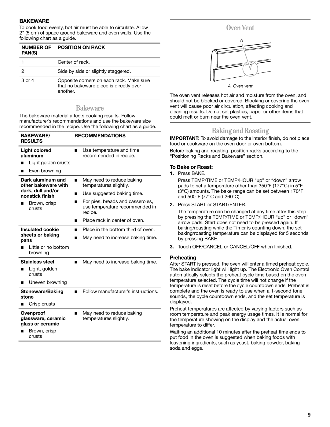 Whirlpool WFG231LVS, WFG231LVB, WFG231LVQ manual Bakeware, OvenVent, BakingandRoasting 