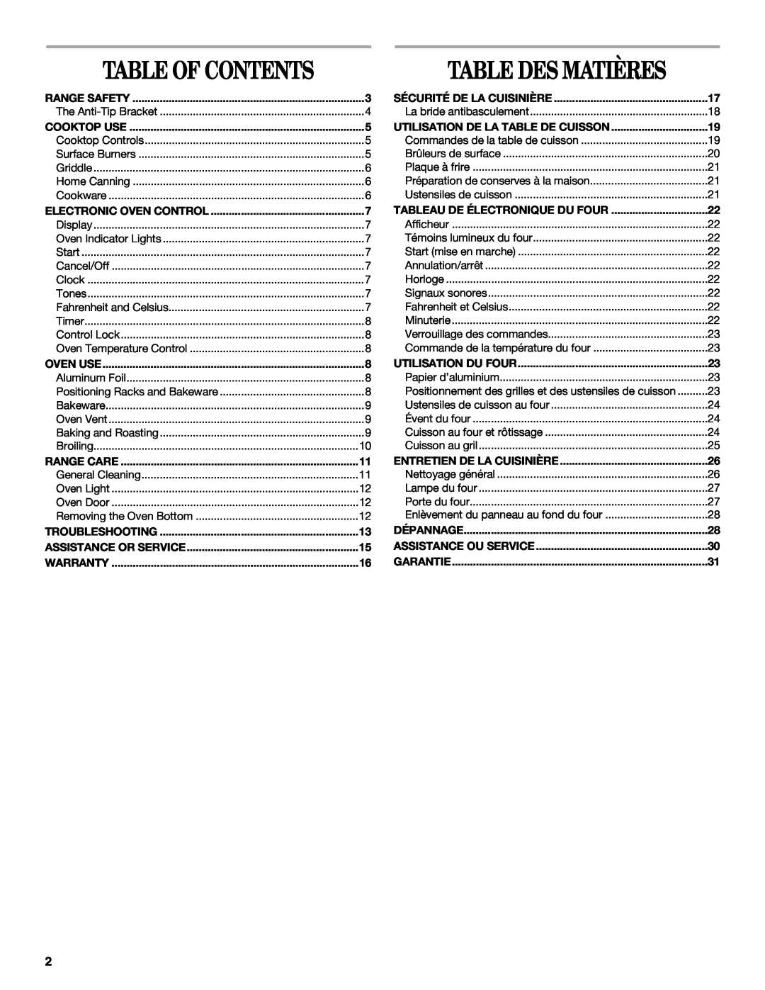 Whirlpool WFG231LVQ, WFG231LVS, WFG231LVB manual Table Des Matières, Table Of Contents 
