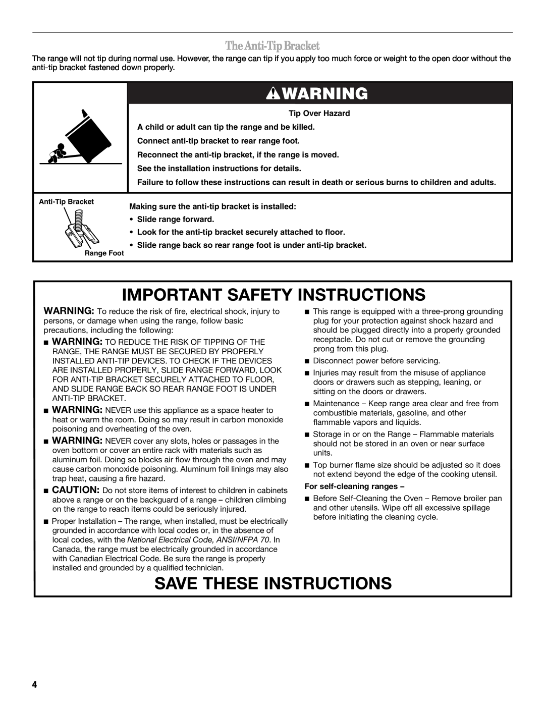 Whirlpool WFG231LVB, WFG231LVS, WFG231LVQ manual Important Safety Instructions, Save These Instructions, TheAnti-TipBracket 