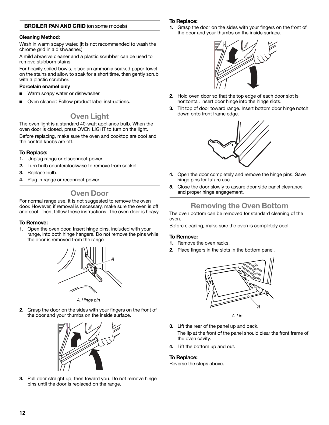 Whirlpool WFG231LVS manual Oven Light, Oven Door, Removing the Oven Bottom 