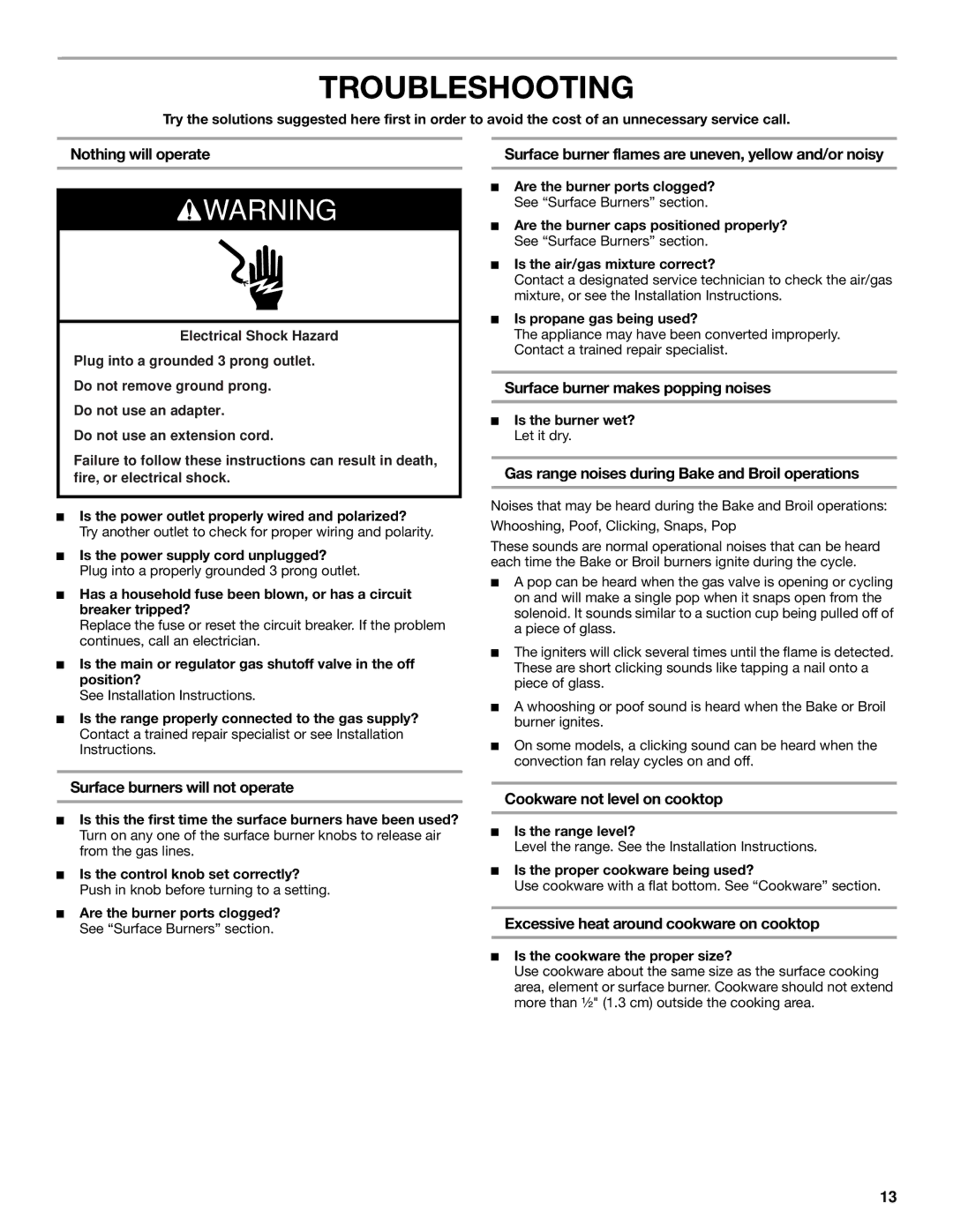 Whirlpool WFG231LVS manual Troubleshooting 