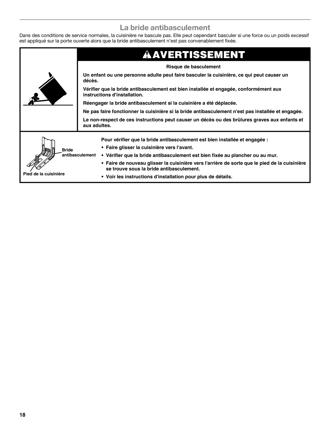 Whirlpool WFG231LVS manual La bride antibasculement 