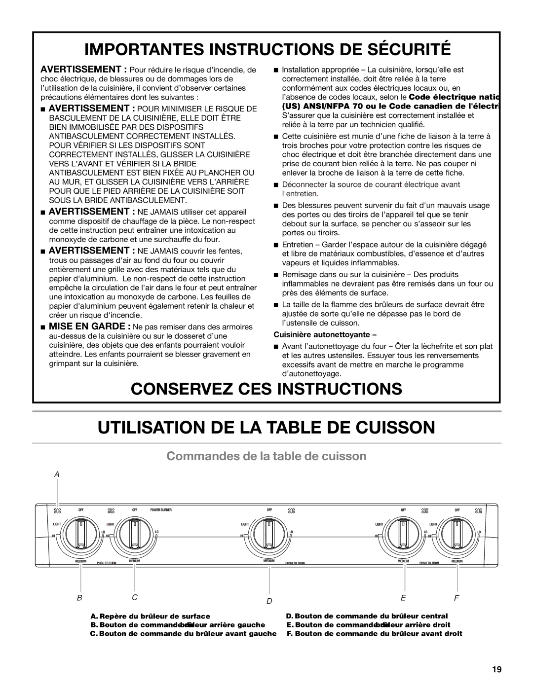 Whirlpool WFG231LVS manual Utilisation DE LA Table DE Cuisson, Commandes de la table de cuisson, Cuisinière autonettoyante 