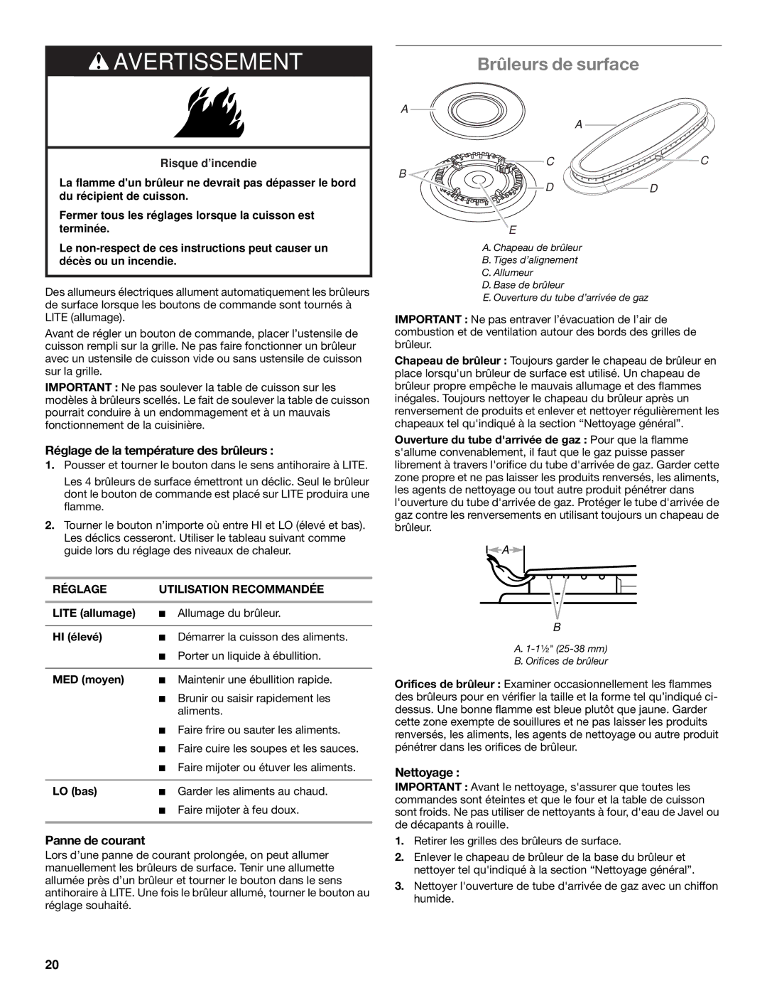 Whirlpool WFG231LVS manual Brûleurs de surface, Réglage de la température des brûleurs, Panne de courant, Nettoyage 