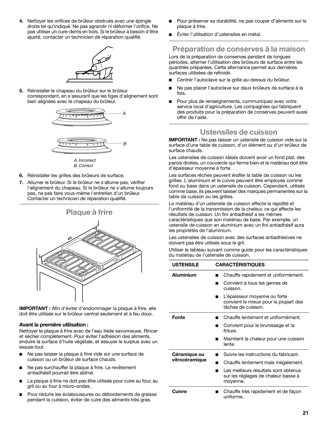 Whirlpool WFG231LVS manual Préparation de conserves à la maison, Plaque à frire, Ustensiles de cuisson 