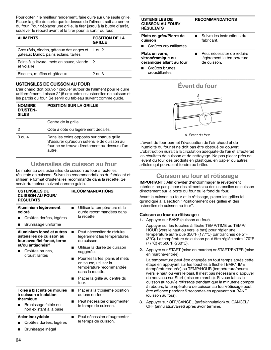 Whirlpool WFG231LVS manual Ustensiles de cuisson au four, Évent du four, Cuisson au four et rôtissage 