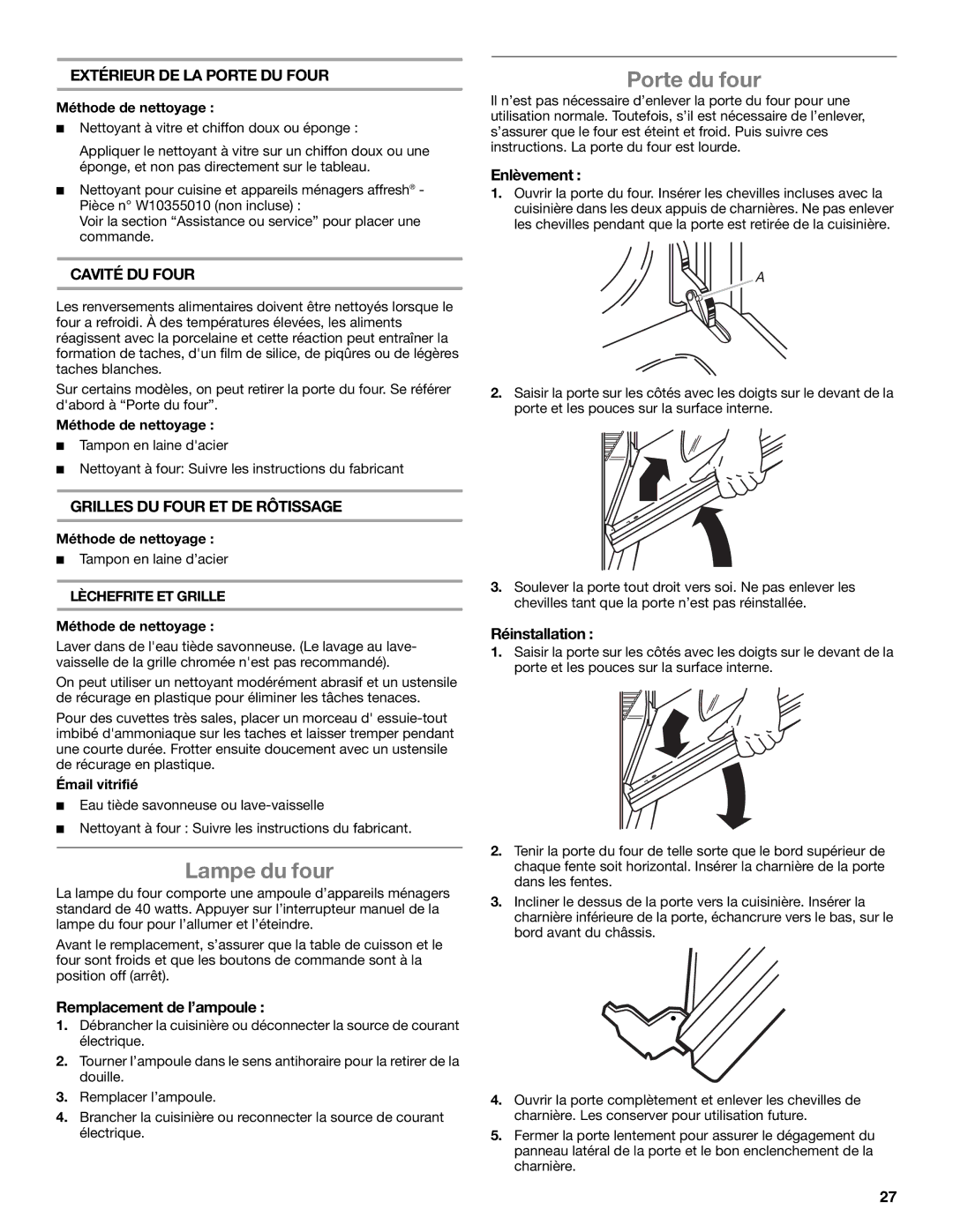 Whirlpool WFG231LVS manual Lampe du four, Porte du four, Extérieur DE LA Porte DU Four, Cavité DU Four 