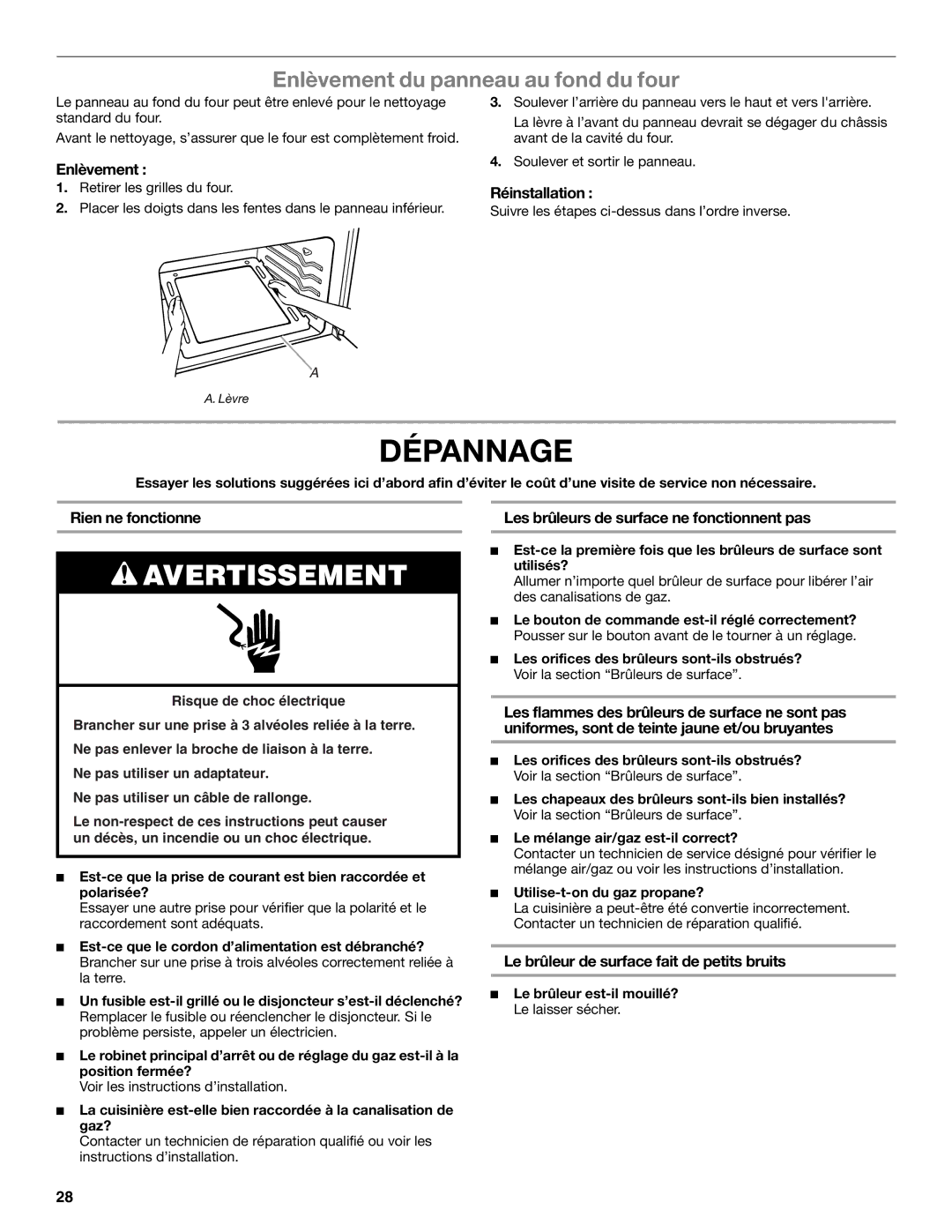 Whirlpool WFG231LVS manual Dépannage, Enlèvement du panneau au fond du four, Rien ne fonctionne 