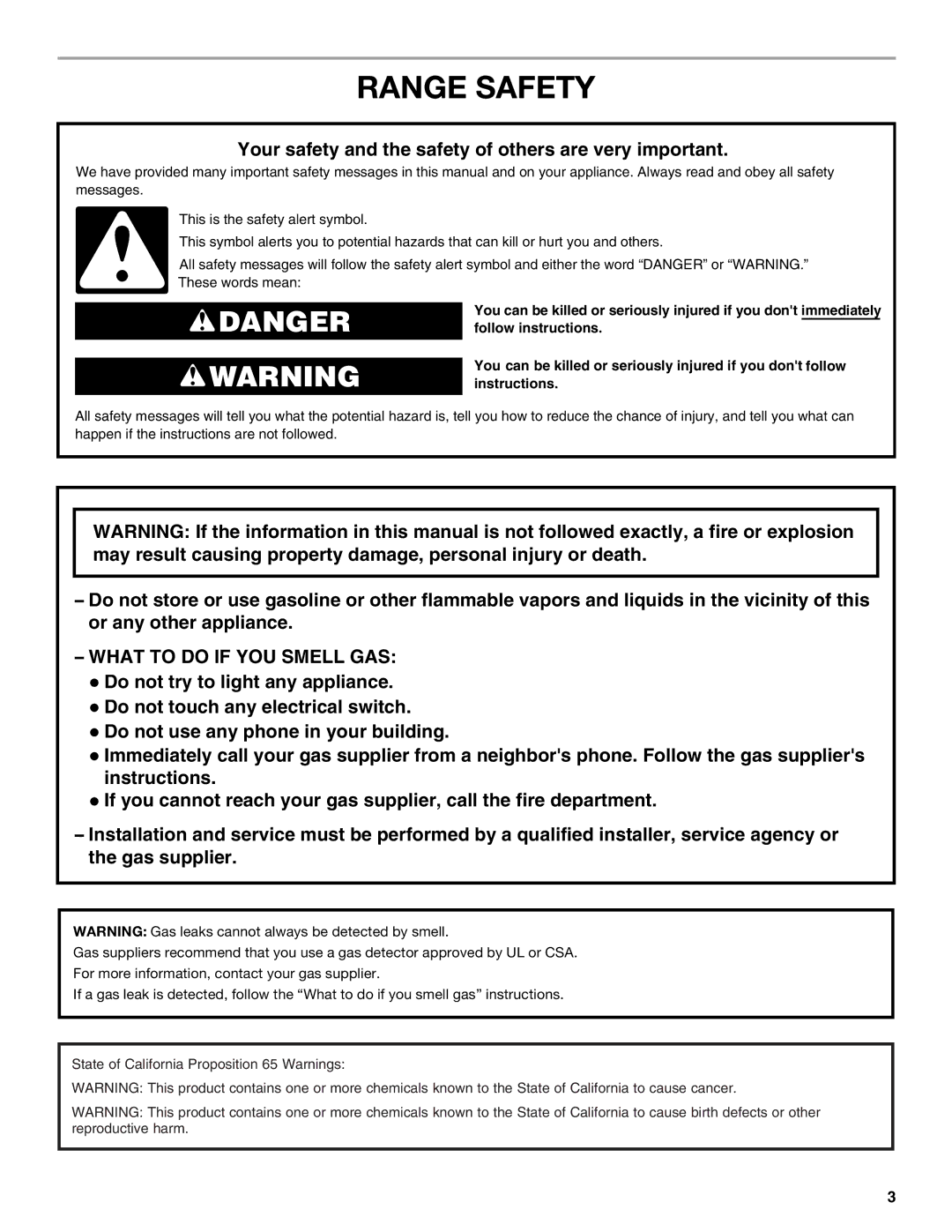 Whirlpool WFG231LVS manual Range Safety, Your safety and the safety of others are very important 