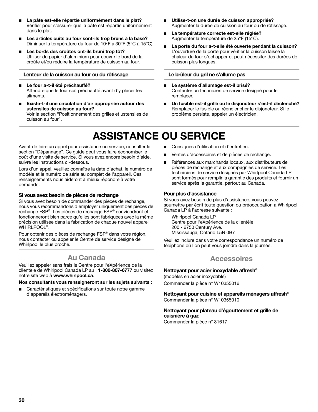 Whirlpool WFG231LVS manual Assistance OU Service, Au Canada, Accessoires 