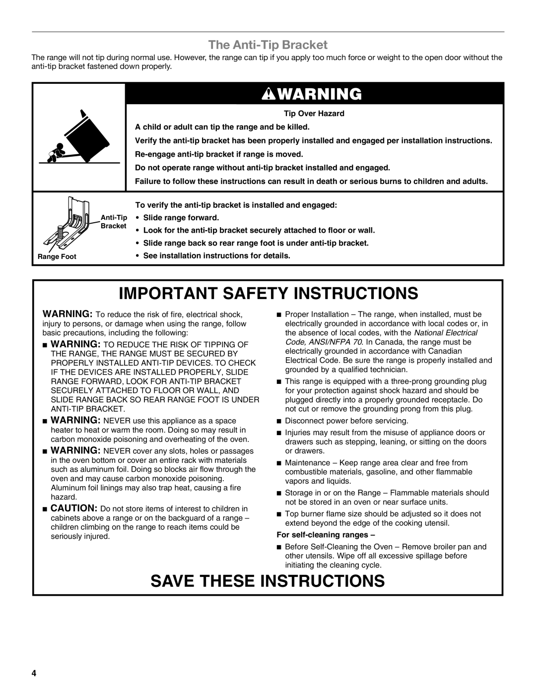 Whirlpool WFG231LVS manual Important Safety Instructions, Anti-Tip Bracket 