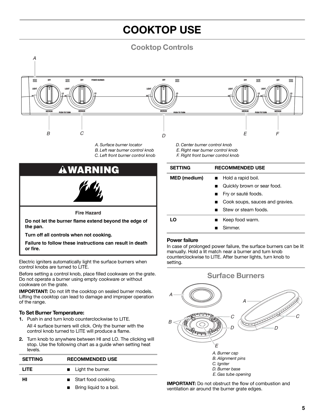 Whirlpool WFG231LVS manual Cooktop USE, Cooktop Controls, Surface Burners, To Set Burner Temperature, Power failure 