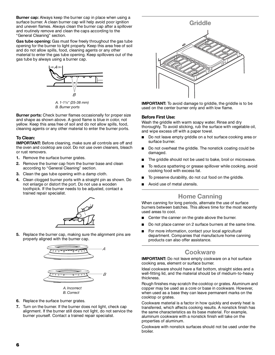 Whirlpool WFG231LVS manual Griddle, Home Canning, Cookware, To Clean, Before First Use 