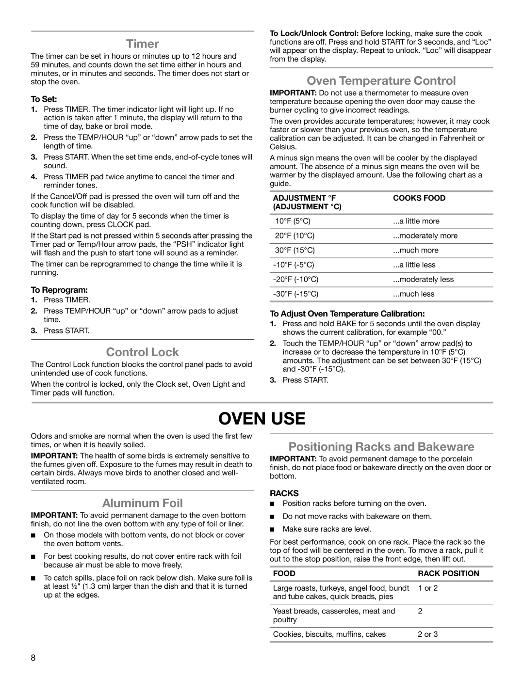 Whirlpool WFG231LVS manual Oven USE 