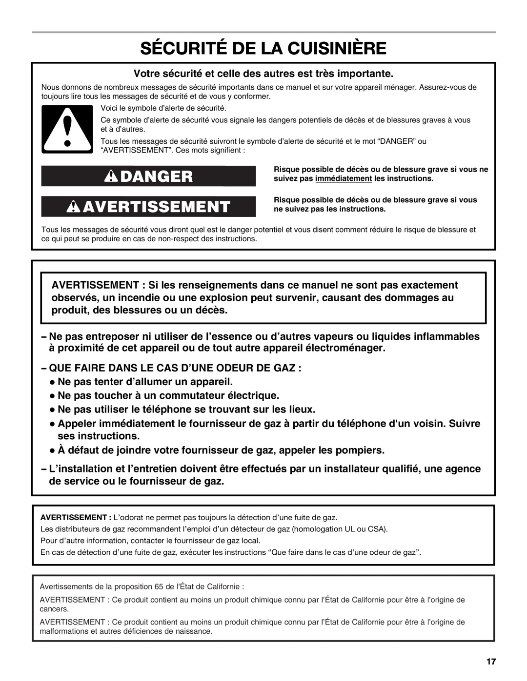 Whirlpool WFG231LVS manual Sécurité De La Cuisinière, Danger Avertissement 