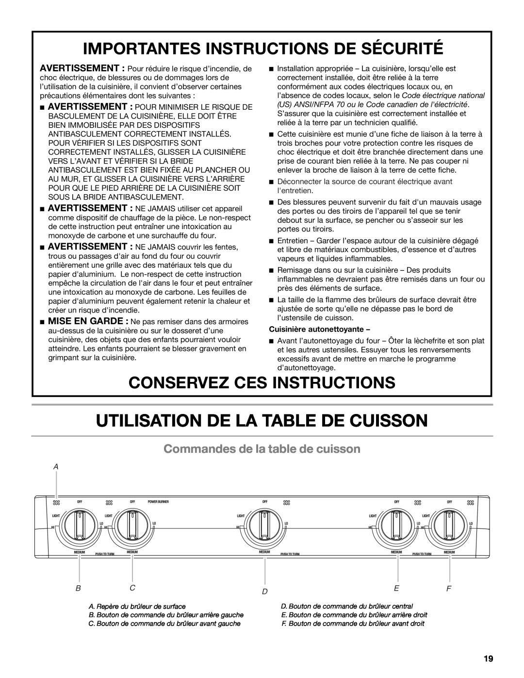 Whirlpool WFG231LVS manual Utilisation De La Table De Cuisson, Commandes de la table de cuisson, Conservez Ces Instructions 
