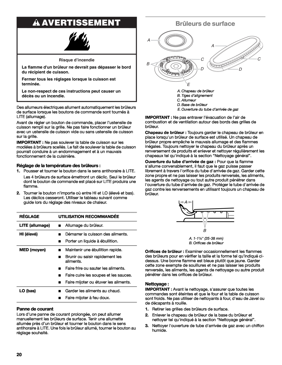 Whirlpool WFG231LVS manual Brûleurs de surface, Avertissement, Réglage de la température des brûleurs, Panne de courant 