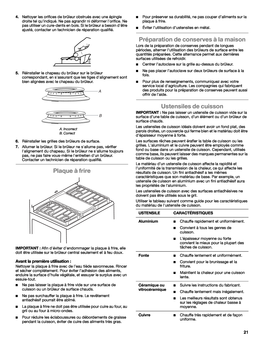 Whirlpool WFG231LVS manual Préparation de conserves à la maison, Plaque à frire, Ustensiles de cuisson 