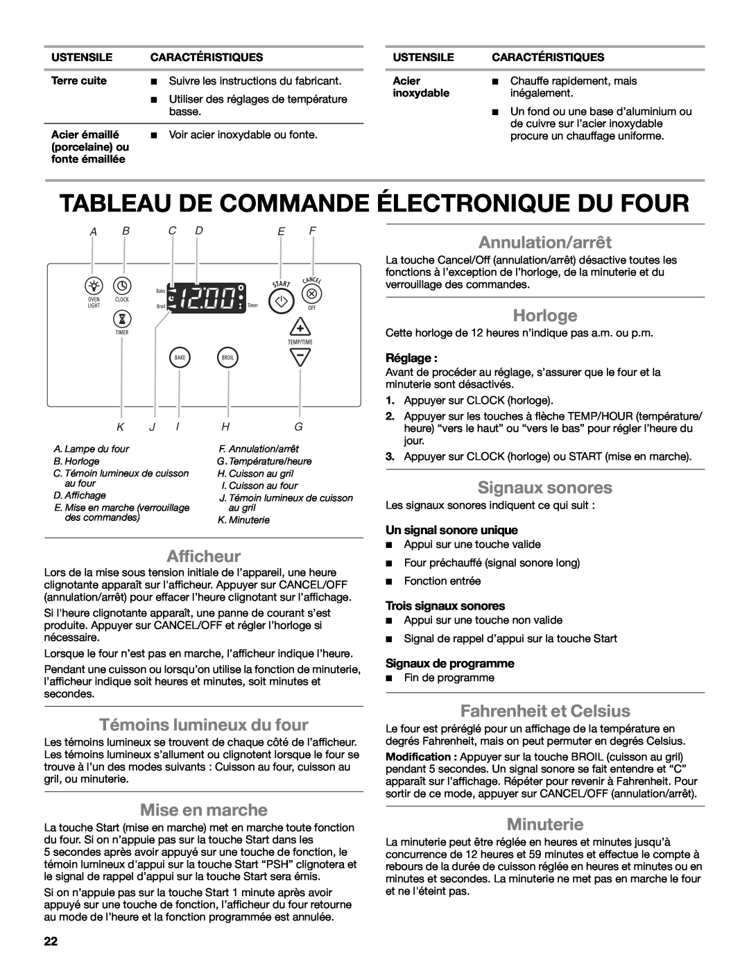 Whirlpool WFG231LVS manual Tableau De Commande Électronique Du Four, Annulation/arrêt, Horloge, Signaux sonores, Afficheur 