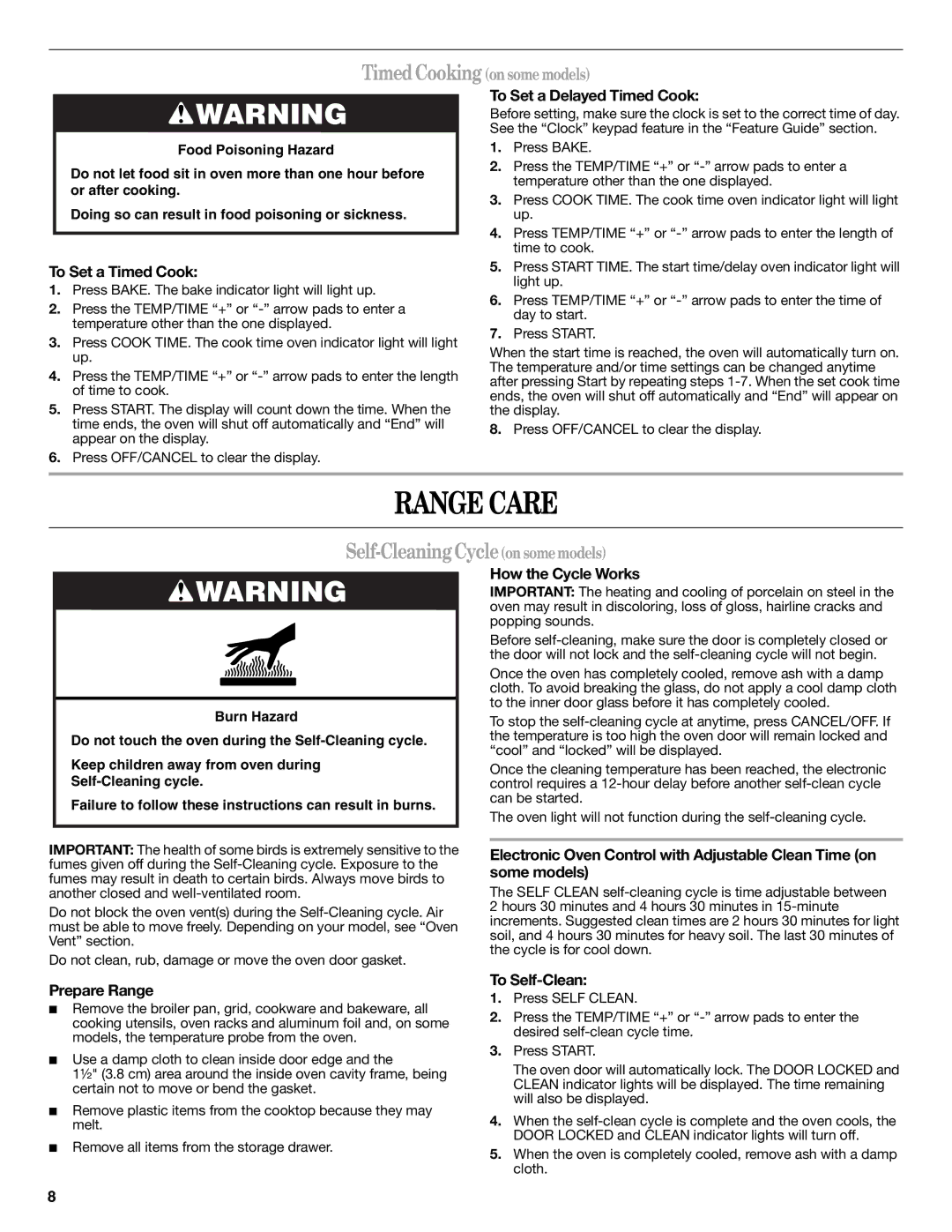 Whirlpool WFG361LVS warranty Range Care, Self-Cleaning Cycle on some models 