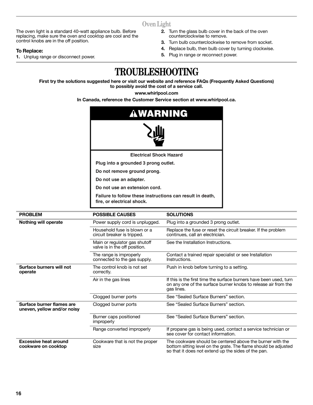 Whirlpool WFG710H0AH warranty Troubleshooting, Oven Light, To Replace, Problem Possible Causes Solutions 