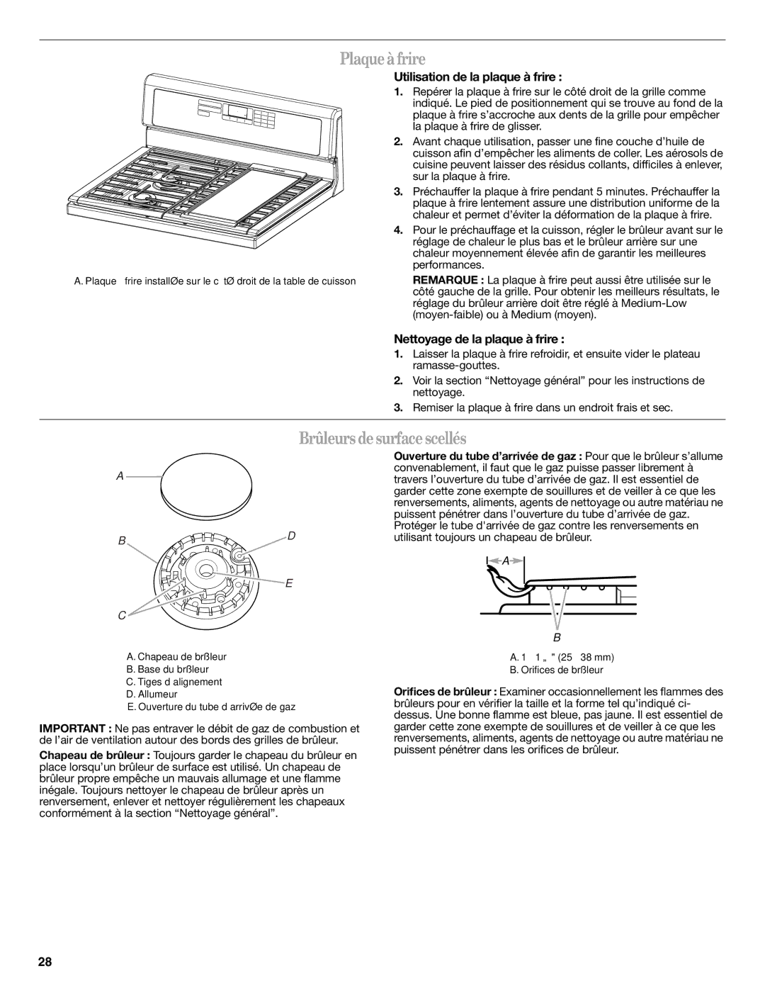 Whirlpool WFG710H0AH warranty Plaque à frire, Brûleurs de surface scellés, Utilisation de la plaque à frire 