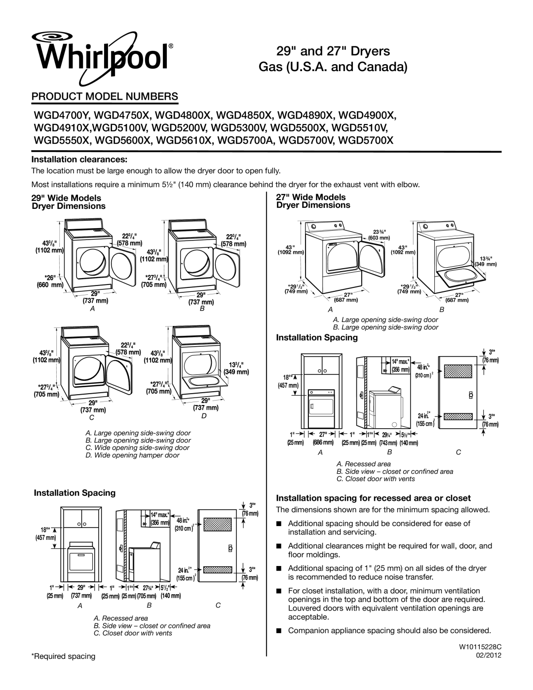 Whirlpool WGD5200V, WGD4900X dimensions Installation clearances, Wide Models Dryer Dimensions, Installation Spacing 