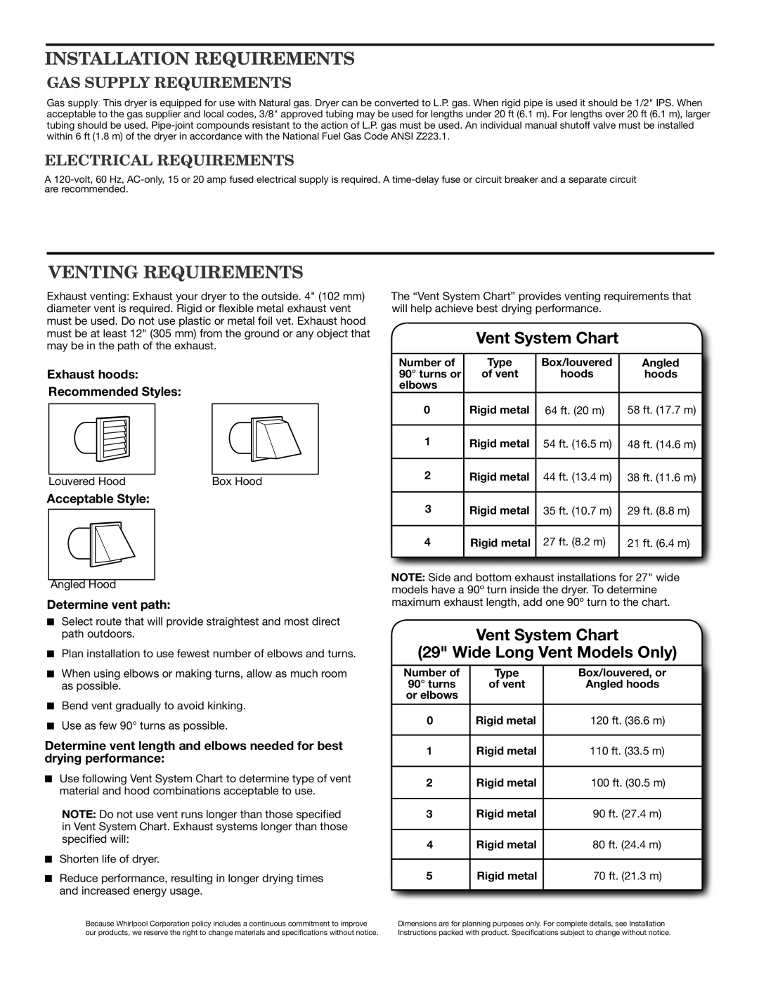 Whirlpool WGD5100V, WGD4900X, WGD5200V, WGD4750X, WGD4800X Installation Requirements, Venting Requirements, Vent System Chart 