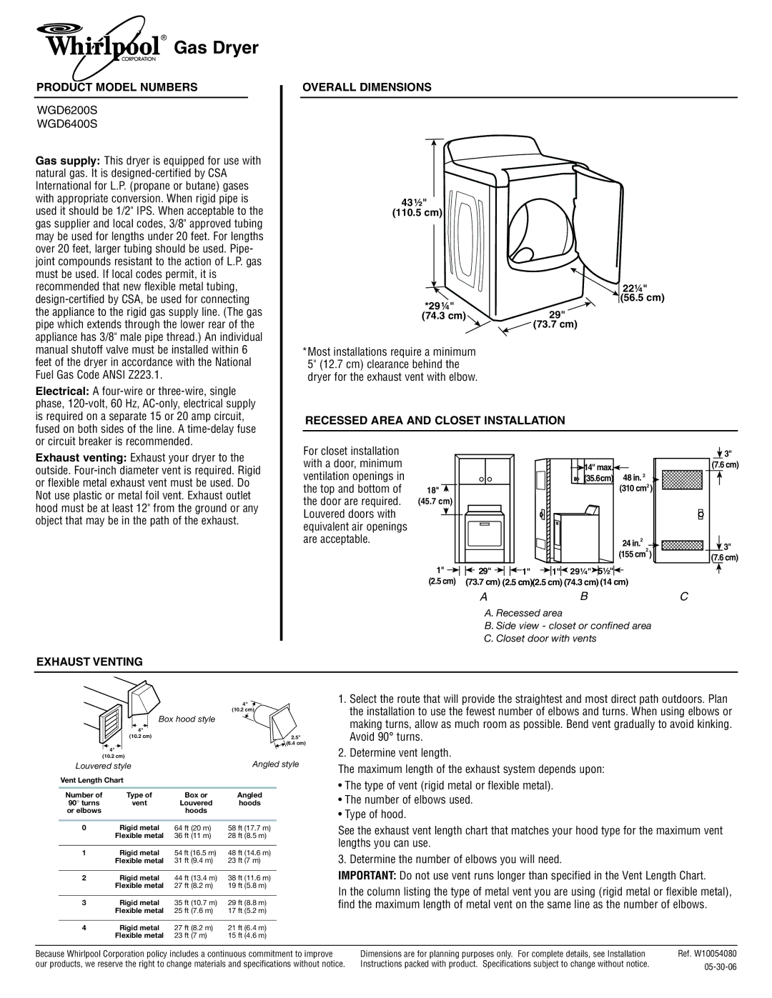 Whirlpool WGD6200S dimensions Gas Dryer, Product Model Numbers, Overall Dimensions, Recessed Area and Closet Installation 