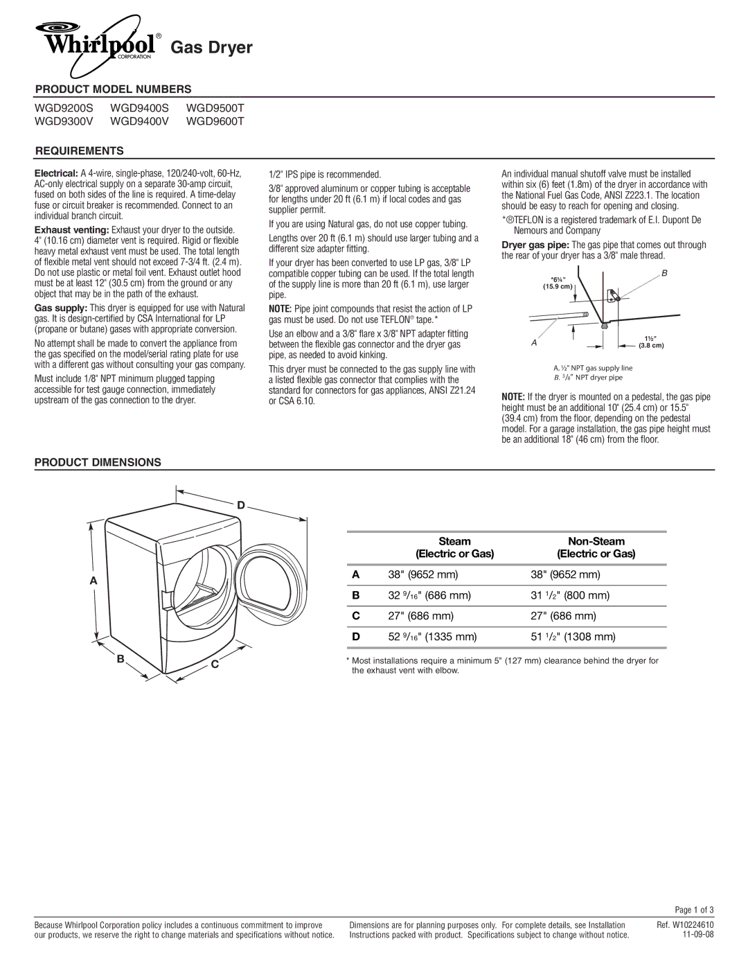 Whirlpool WGD9300V, wgd9200s, WGD9400S dimensions Gas Dryer, Product Model Numbers, Requirements, Product Dimensions 