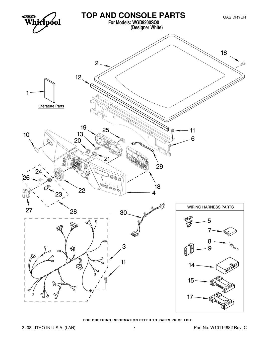 Whirlpool WGD9200SQ0 manual TOP and Console Parts 