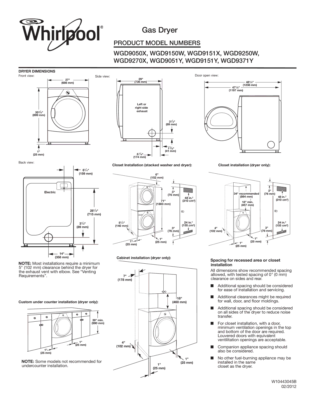 Whirlpool WGD9150W, WGD9371Y, WGD9250W, WGD9270X, WGD9051Y, WGD9151X, WGD9151Y dimensions Gas Dryer 