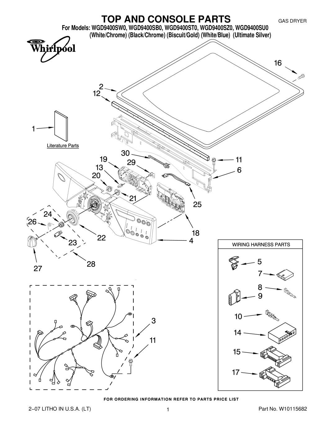 Whirlpool WGD9400ST0, WGD9400SU0, WGD9400SW0, WGD9400SZ0, WGD9400SB0 manual TOP and Console Parts 