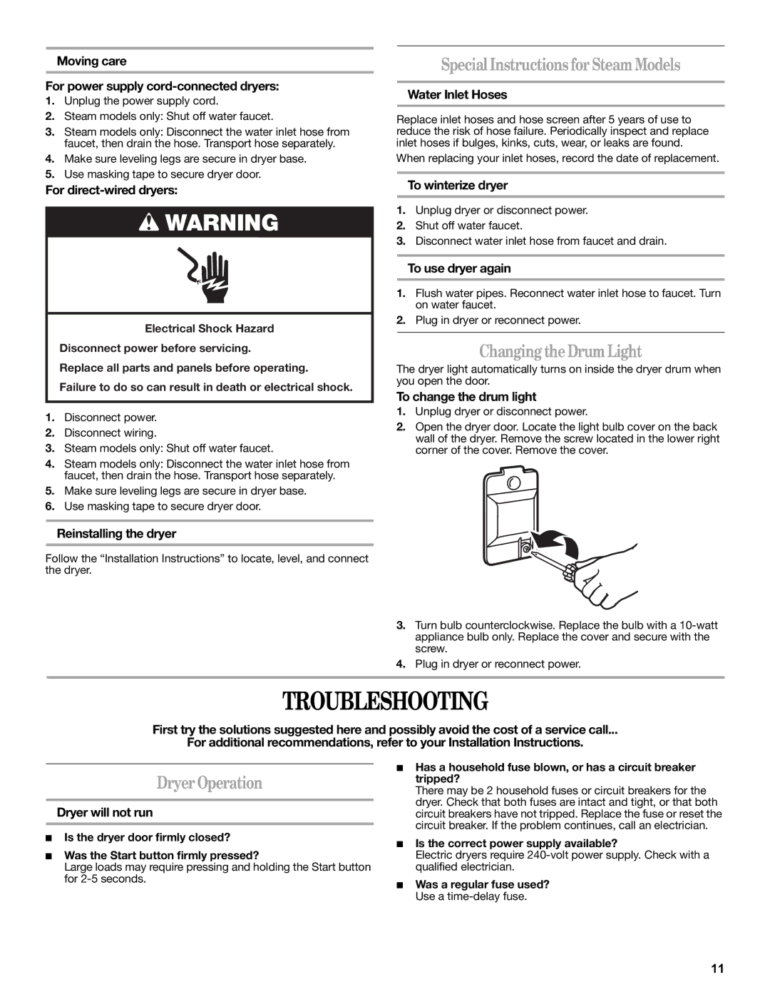 Whirlpool WGD9450WL Troubleshooting, Special Instructions for Steam Models, Changing the Drum Light, Dryer Operation 