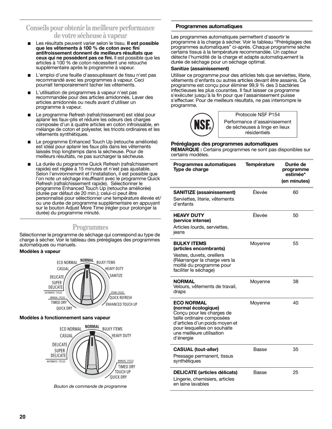 Whirlpool WGD9450WL De votre sécheuse à vapeur, Programmes automatiques, Préréglages des programmes automatiques 