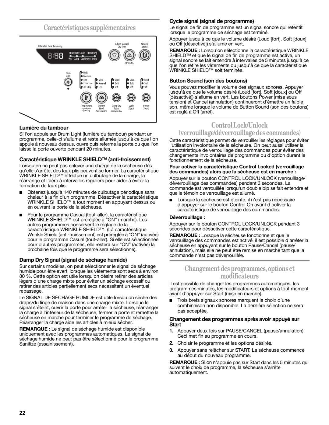 Whirlpool WGD9450WL quick start Caractéristiques supplémentaires, Changement des programmes, options et Modificateurs 