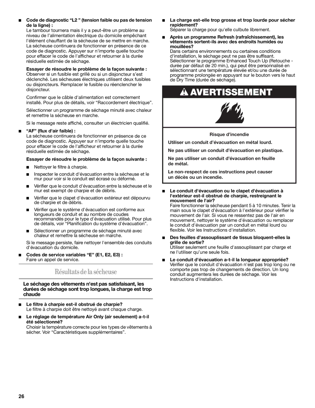 Whirlpool WGD9450WL Résultats de la sécheuse, AF flux dair faible, Essayer de résoudre le problème de la façon suivante 