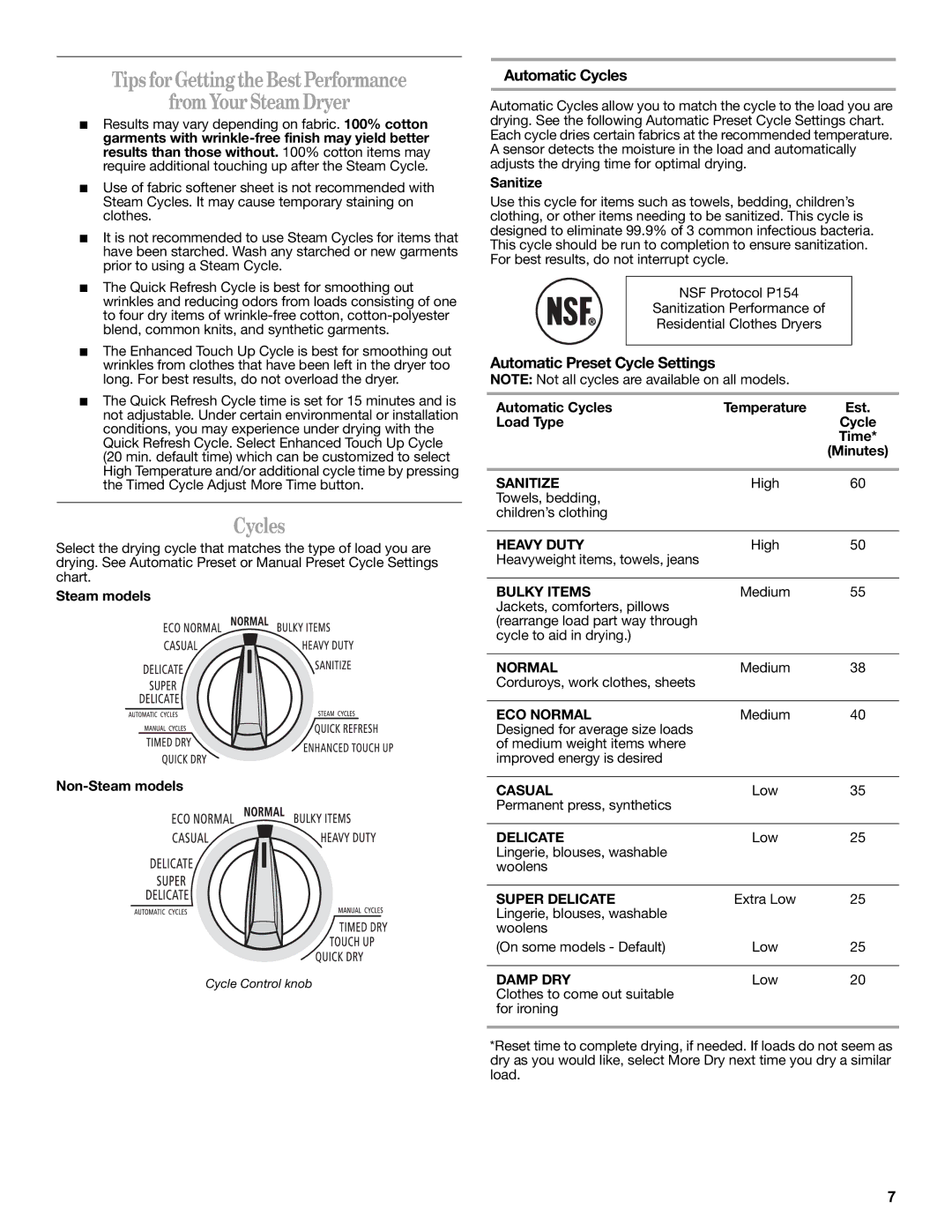 Whirlpool WGD9450WL quick start Tips for Getting the Best Performance From Your Steam Dryer, Automatic Cycles 