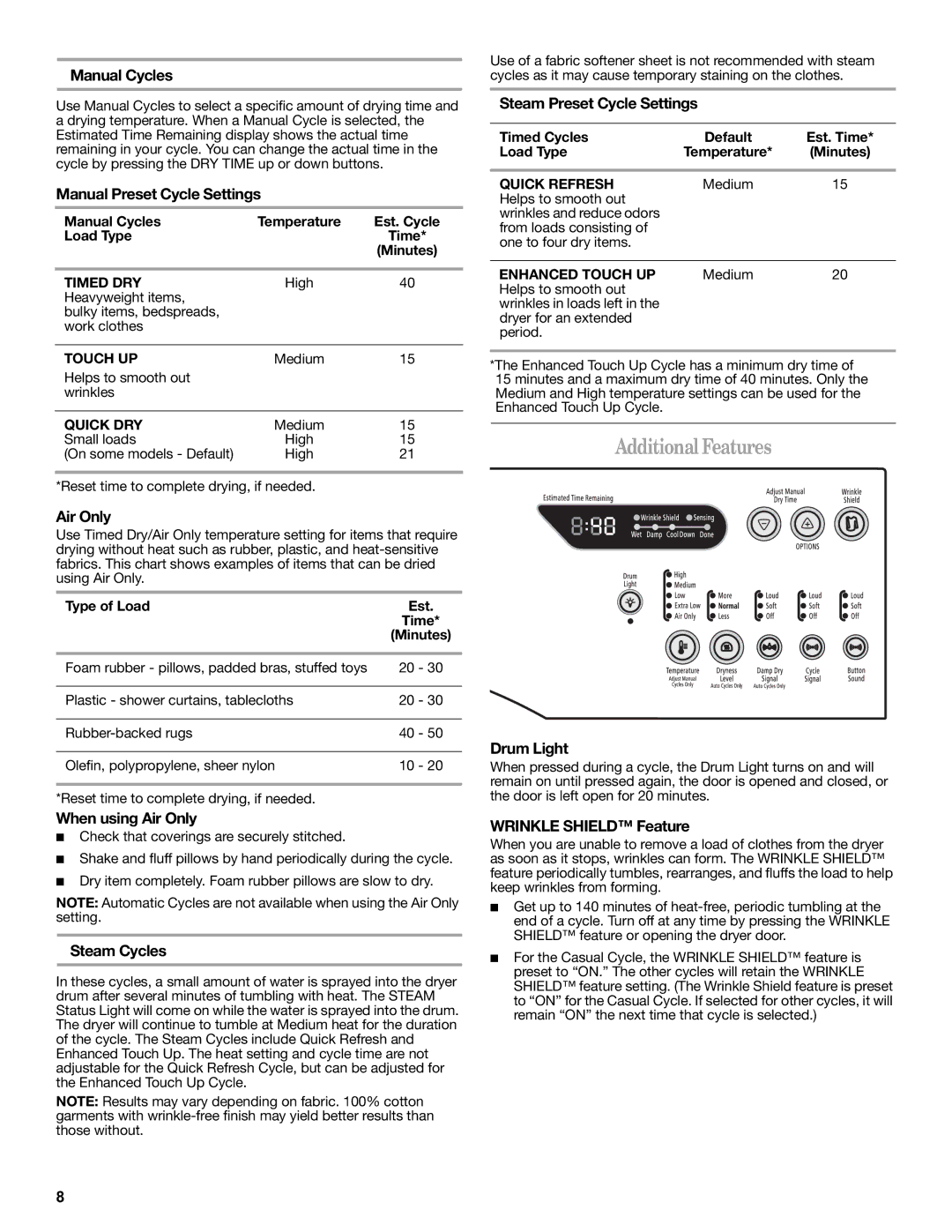 Whirlpool WGD9450WL quick start Additional Features 