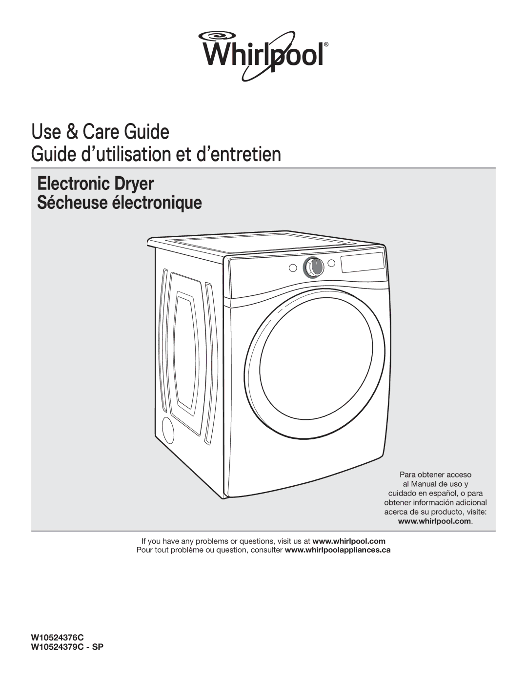 Whirlpool WGD94HEAC manual Use & Care Guide Guide d’utilisation et d’entretien, W10524376C W10524379C SP 